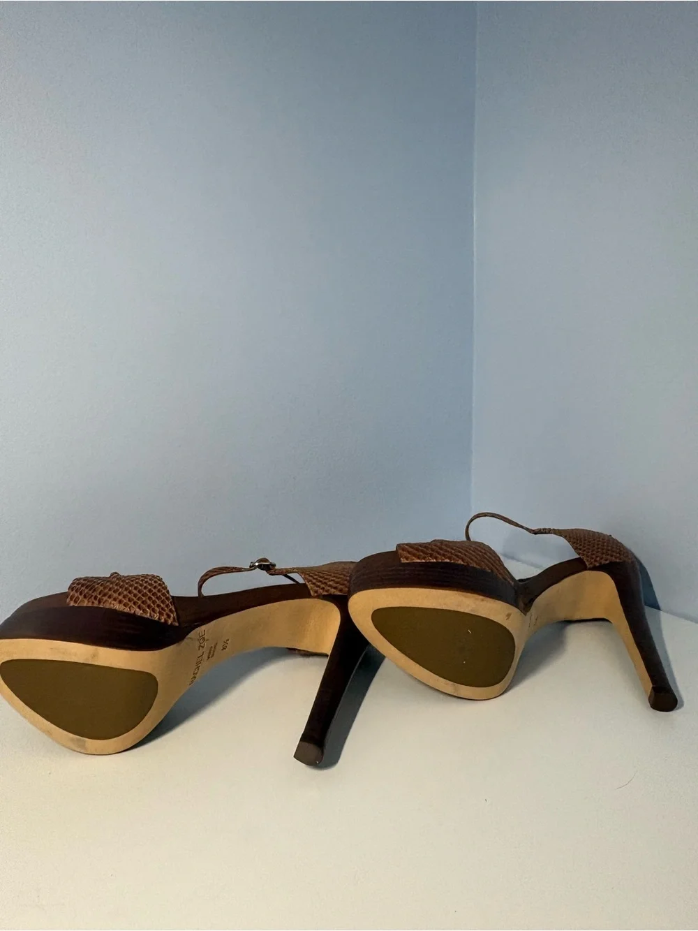 NEW Rachel Zoe Brown Textured Leather Platform Sandals with Ankle Strap 8.5
